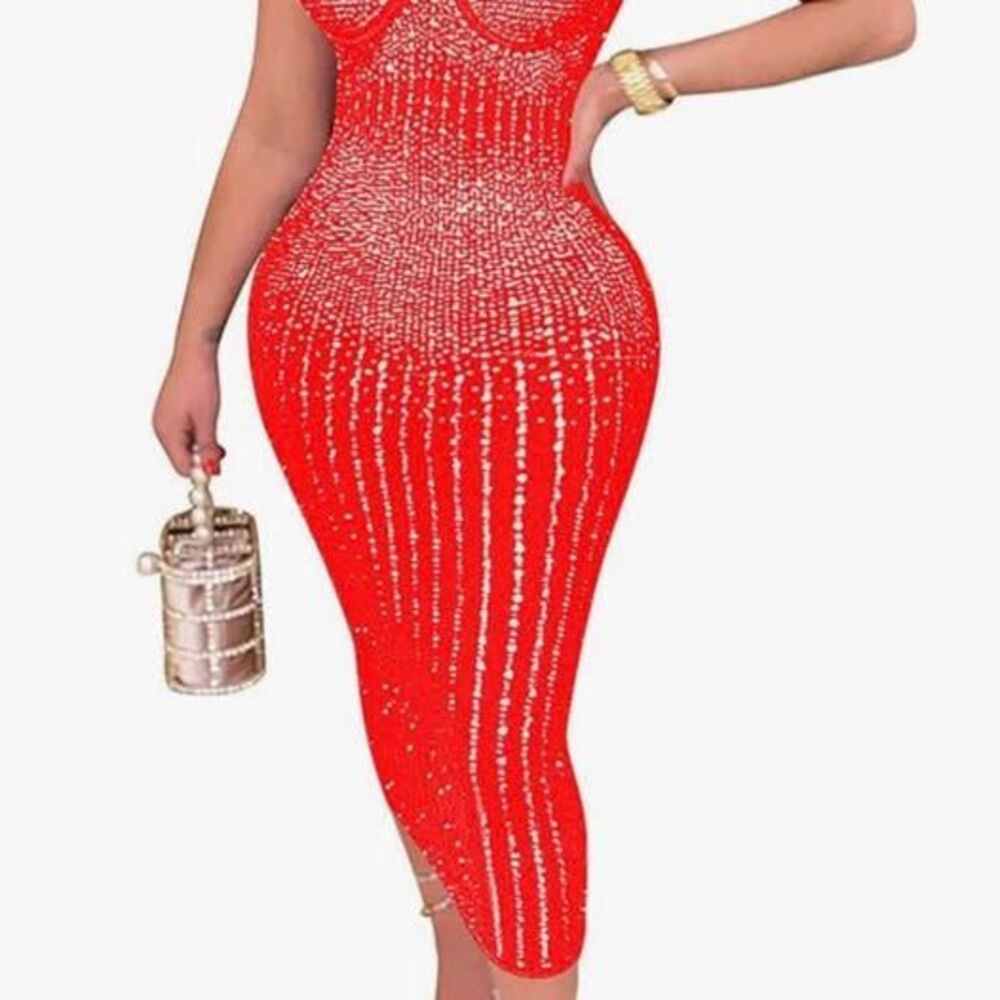 Red Rhinestone Bodycon Midi Dress 3X